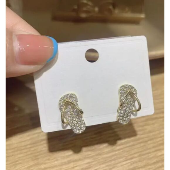 Tiny Gold Rhinestone Flip Flops Earrings Summer Beach Fun Sandals - Picture 4 of 5